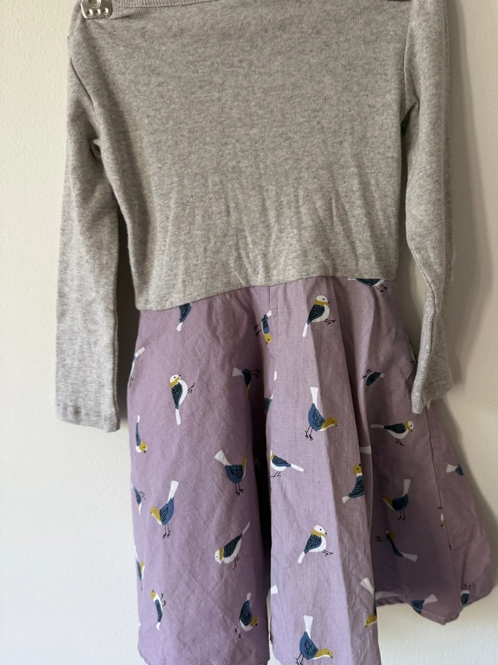 Girls' Lilac Bird-Print Casual Long Sleeve Dress